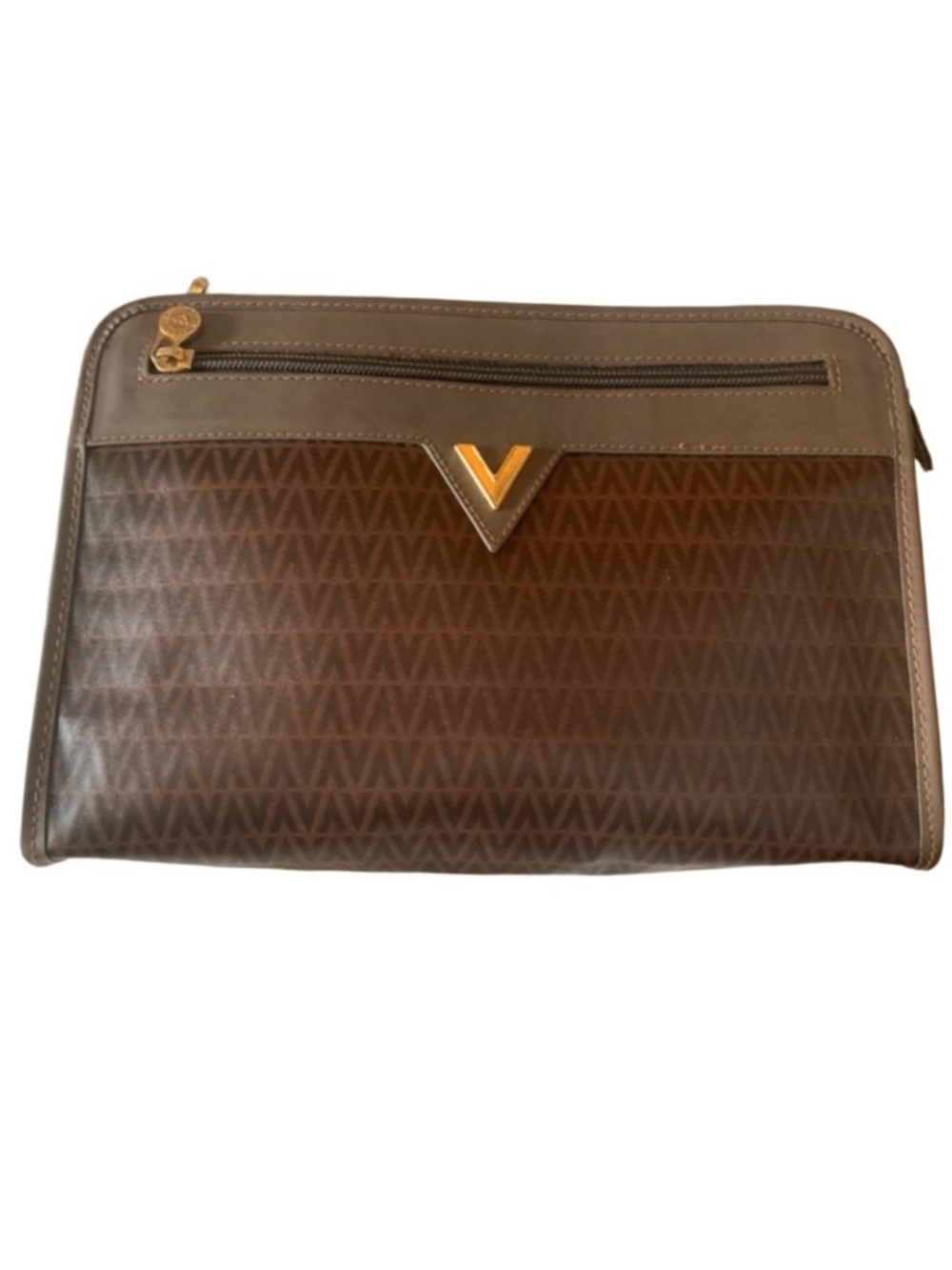 VALENTINO Mario Valentino Brown Logo PVC Zipper Top Clutch